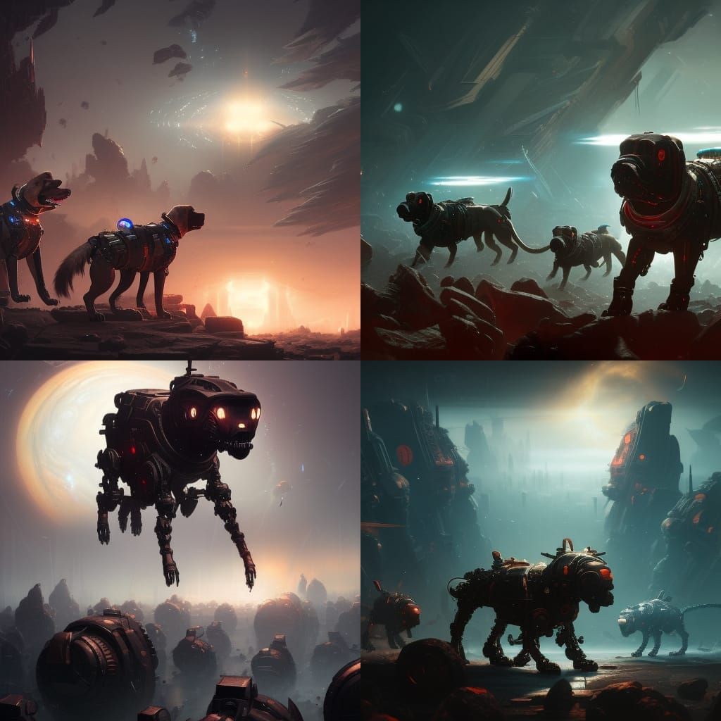 Cyborg Dog Army on Jupiter in Dark Fantasy