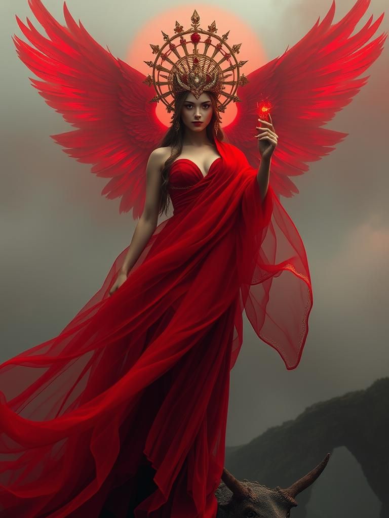 Vermillion Goddess in Haunting Landscape