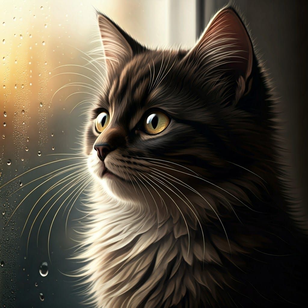 Fluffy Kitten Gazing out Misty Window
