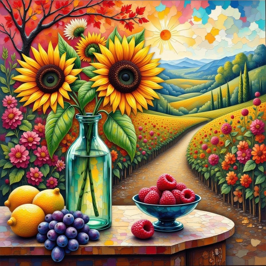 Sunflower Still Life with Collage Vineyard Background