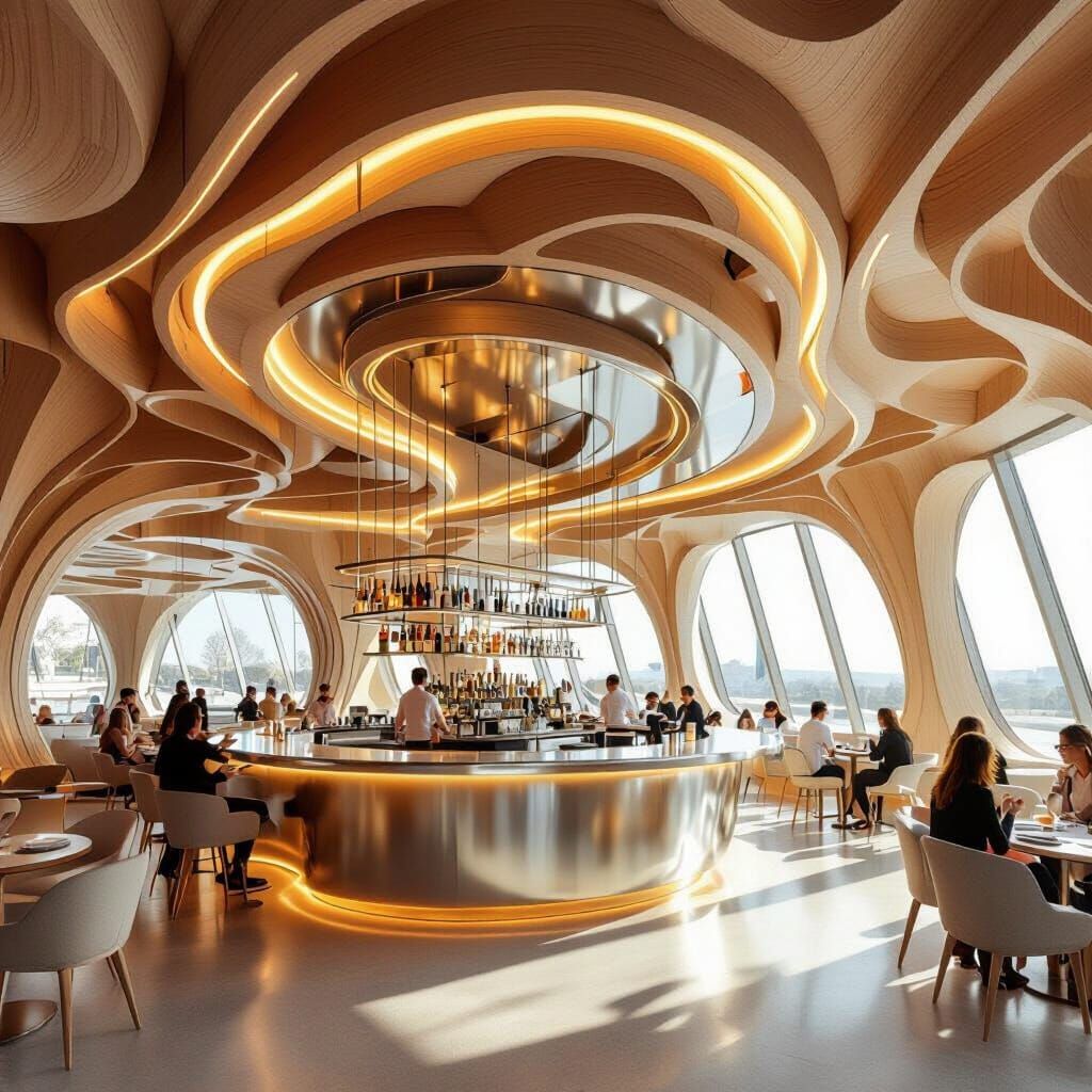 Futuristic Timber Restaurant with Glass Walls