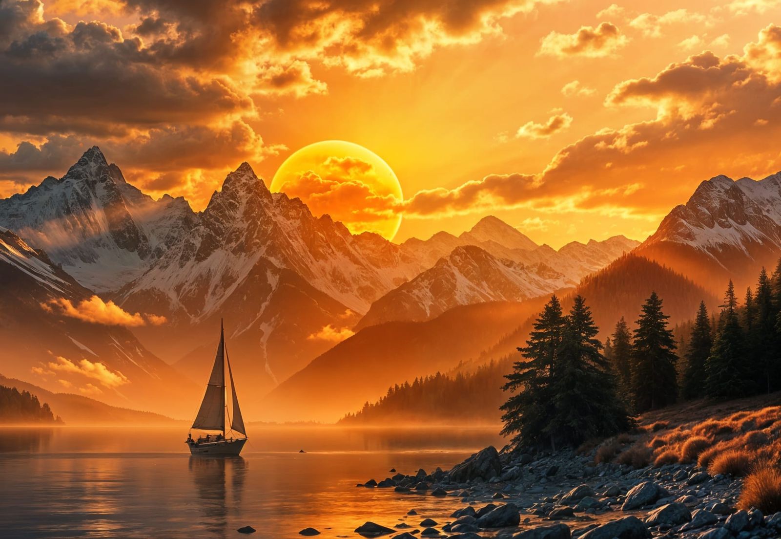 Epic Mountain Sunset Over Calm Lake with Sailing Boat