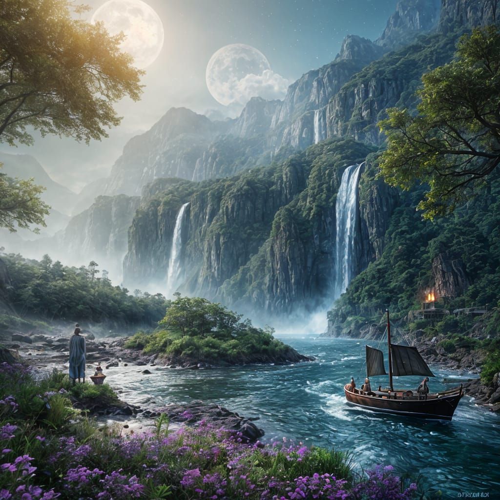 Glowing Teacup Waterfall at Night, Digital Art