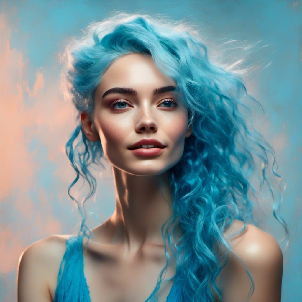 Stunning Woman with Blue Hair: Digital Portrait
