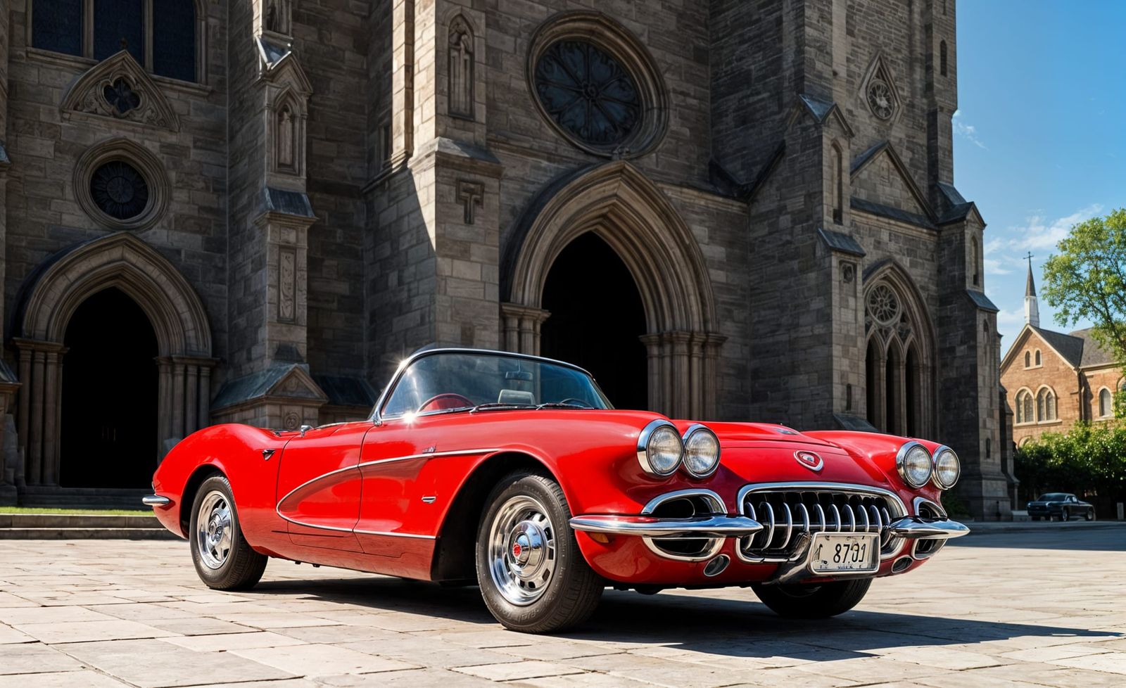Cherry Red 1958 Corvette at St. Peters Church