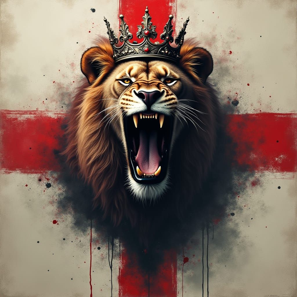 Gothic Lion Roaring with Crown on England Flag