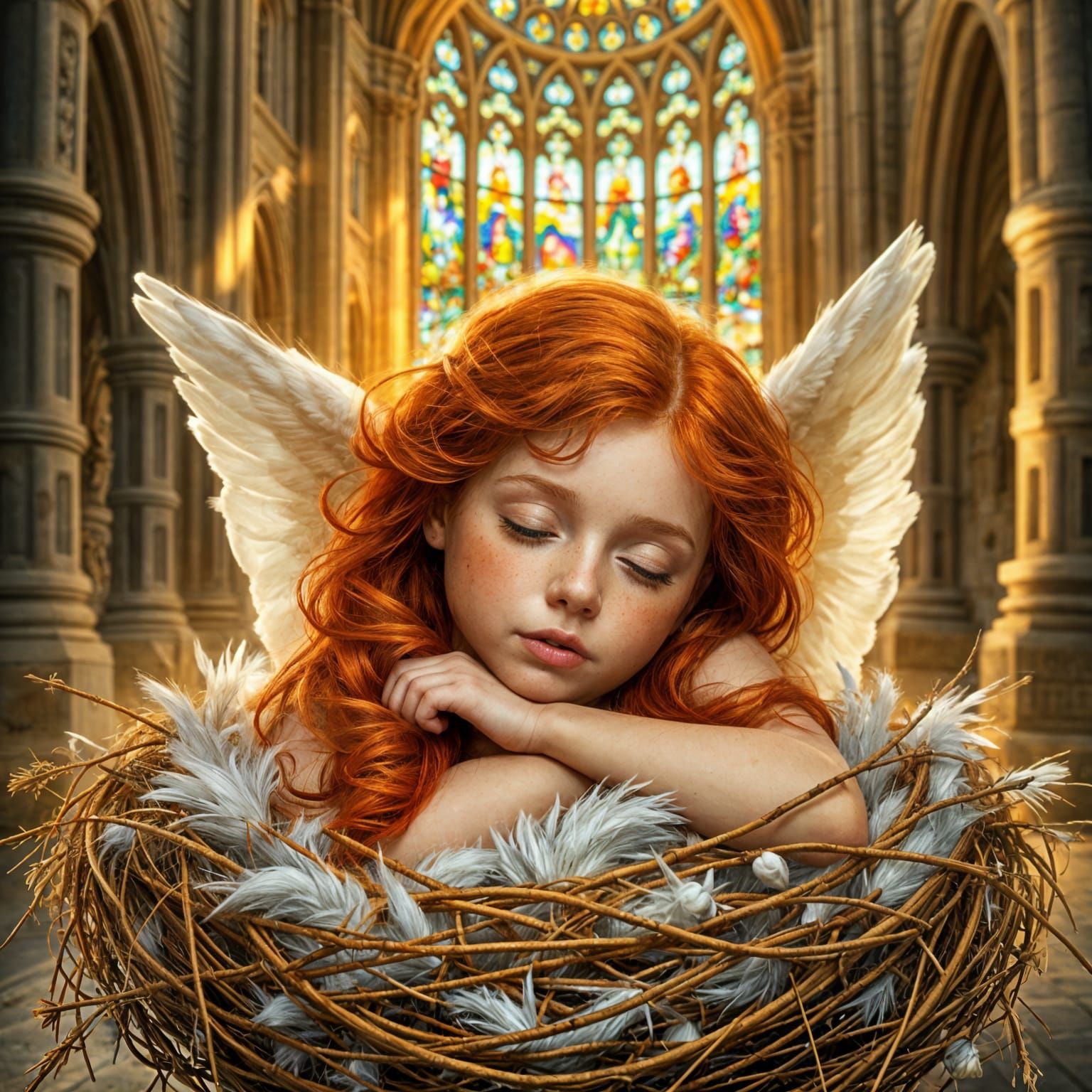 Freckled Angel Slumbers in Gothic Cathedral