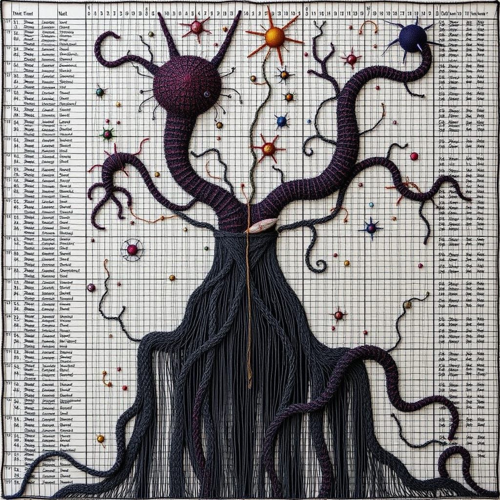 Surreal Knitted Chart of Accounts with Totoros