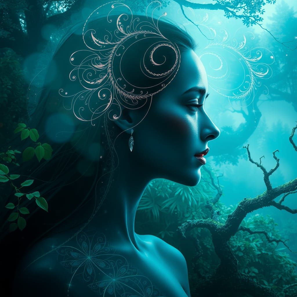 Ethereal Woman in Mystical Forest, Detailed Matte Painting