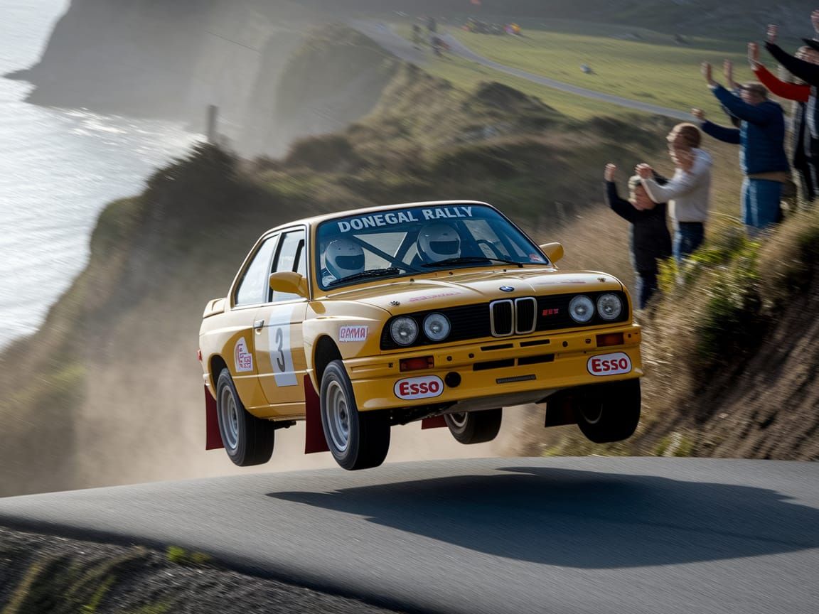 BMW M3 rally car airborne on the Donegal Rally