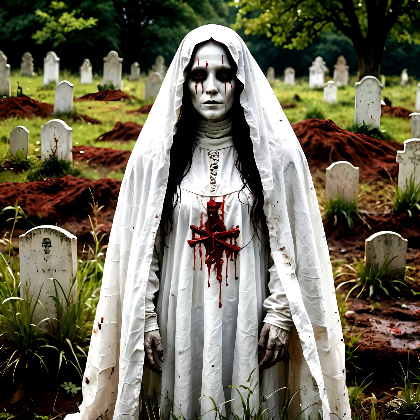 Eerie Lady Ghost in White Shroud