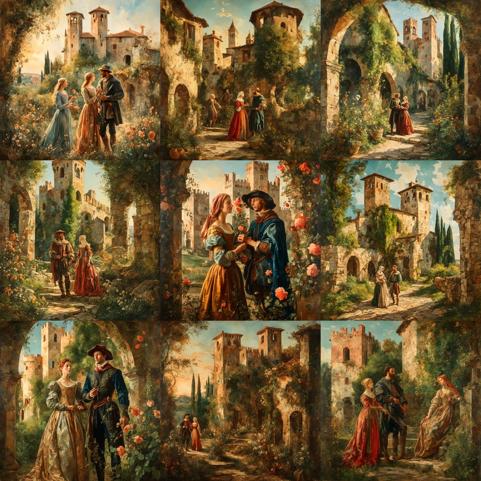a man and woman posing in their medieval garden with tower