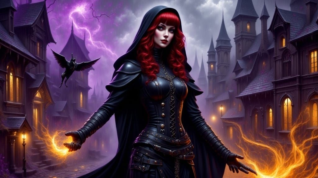 Redhead Warrior Nun Fights Demons in Rainy Night Village