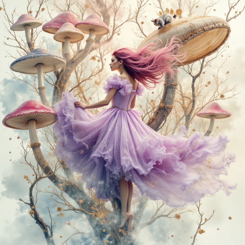 Woman in Watercolor Dreamscape with Mushrooms and Teacups