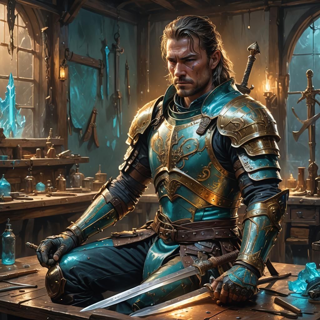 Cyan Warrior Forging Niflheim Sword, Romantic Realism