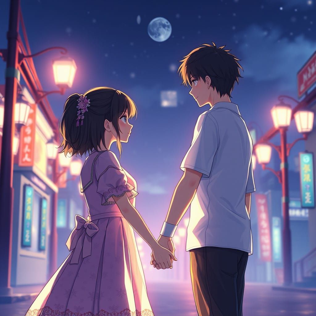 Girl and Boy Holding Hands Under Midnight Sky