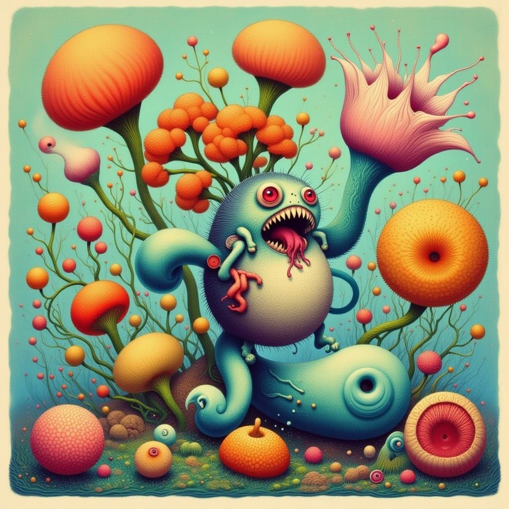 Whimsical Pillow Monsters in a Dreamlike Landscape