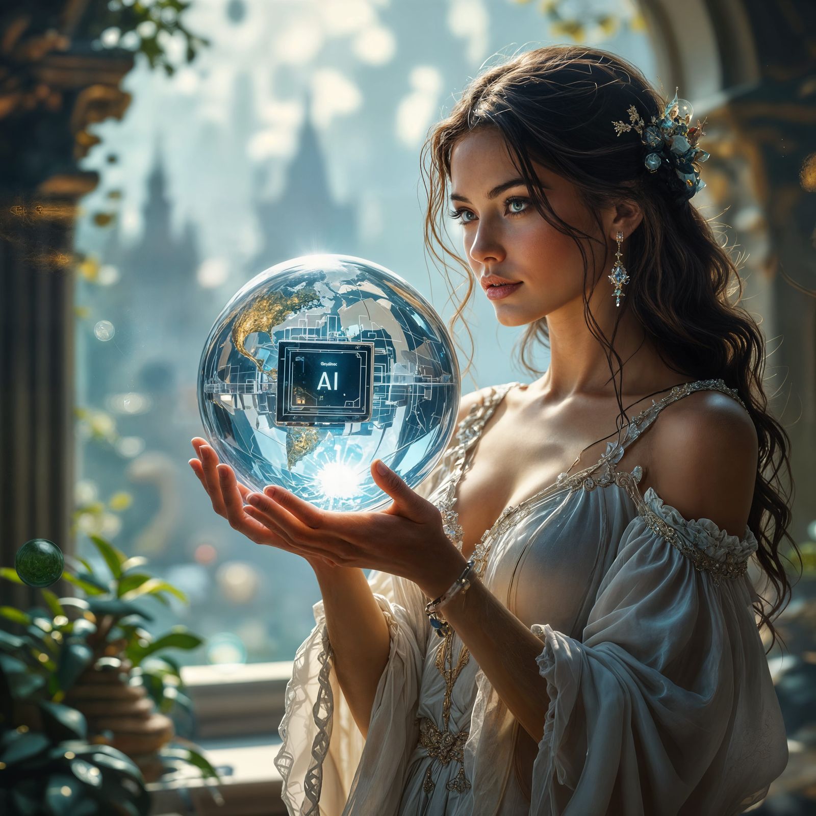 AI Muse Holds Crystal Sphere With Computer