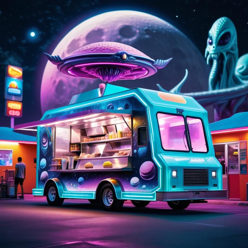 A futuristic food truck parked in a futuristic gas station with alien design