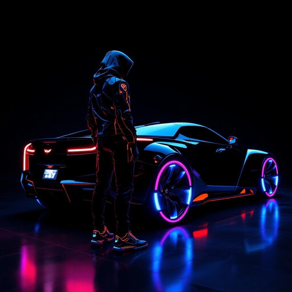 Futuristic Figure in Cyberpunk Tuxedo Beside Chrome Cadillac