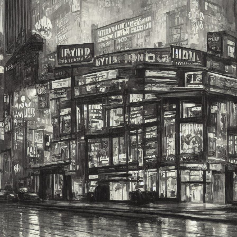 Noir Cityscape in Rain: Neon Lights & Bold Shadows