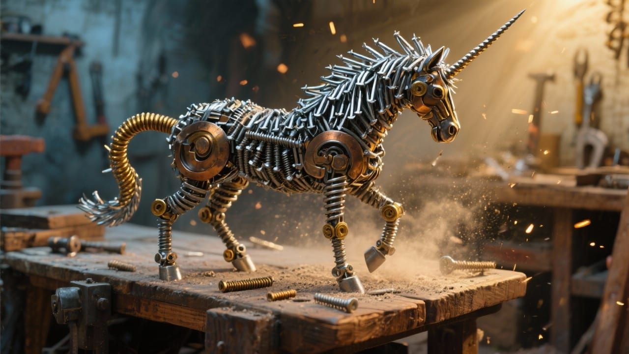 Surreal Sculpture of a Nail and Screw Unicorn
