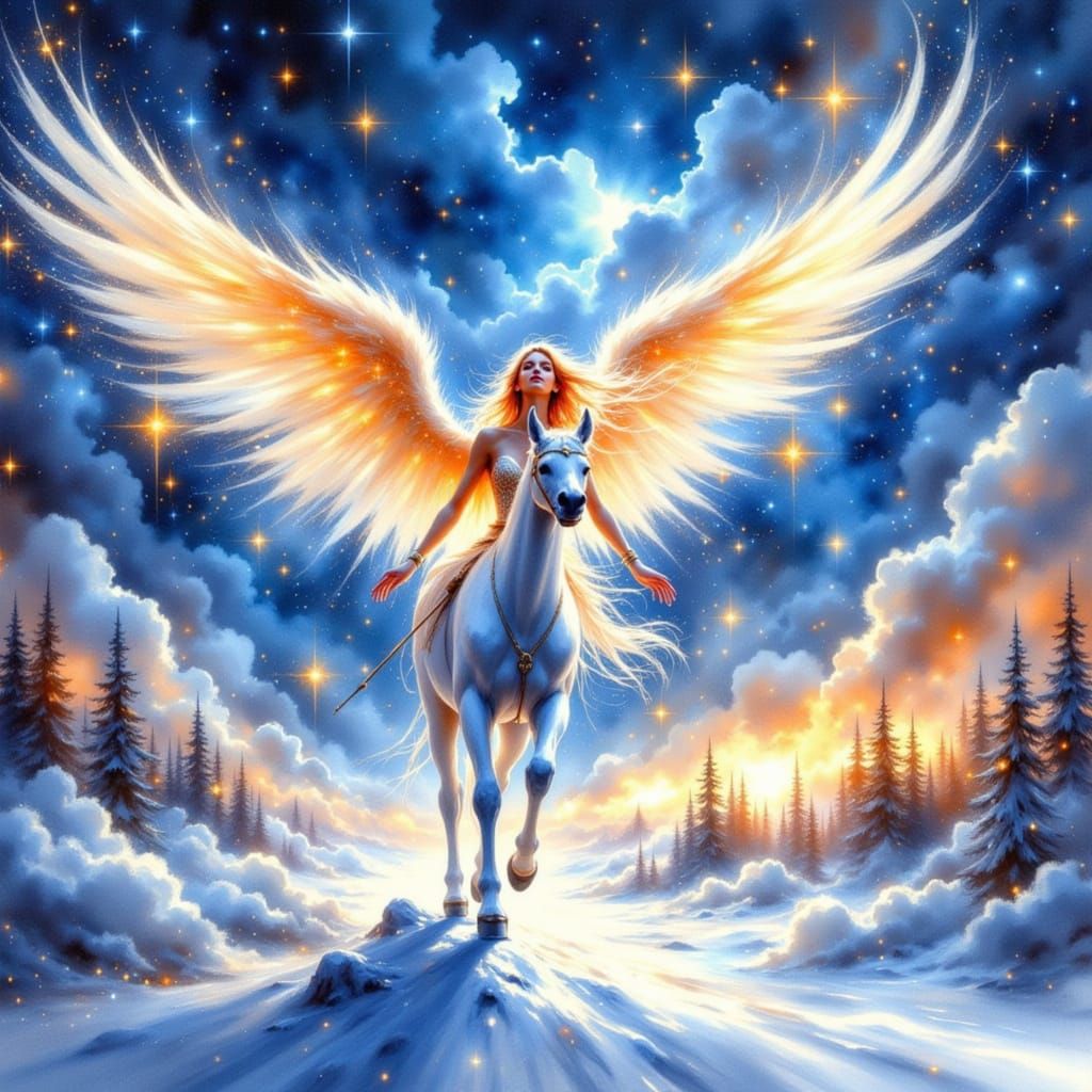 Star Angel Rides Starhorse Through Snowy Vista
