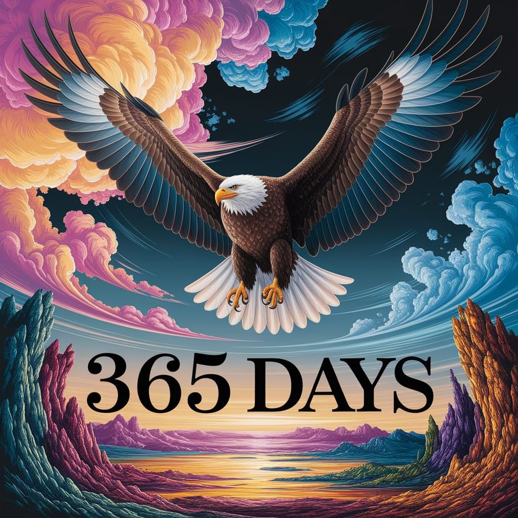 Eagle Soars Through Vibrant Fantasy Sky with Majestic Wingsp...