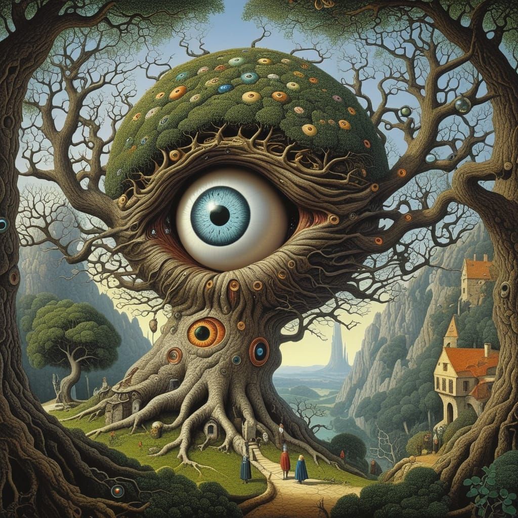 Surreal Giant Tree with Growing Eyeball, Gothic Fantasy Art