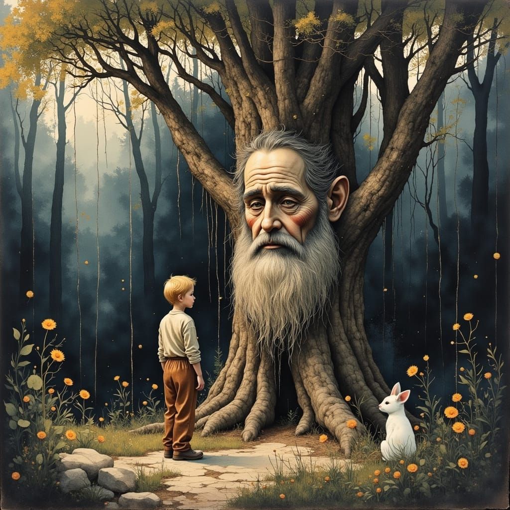 A Photorealistic Portrait of a Wise Old Man in a Forest Glad...