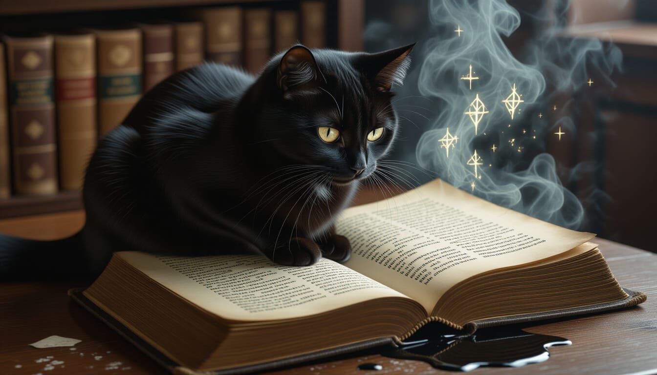 Black Cat on Grimoire with Glowing Symbols