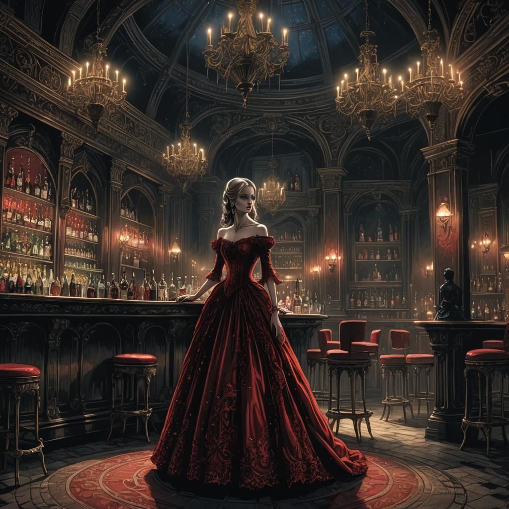 Gothic Horror: Woman in Red Gown at Ornate Bar
