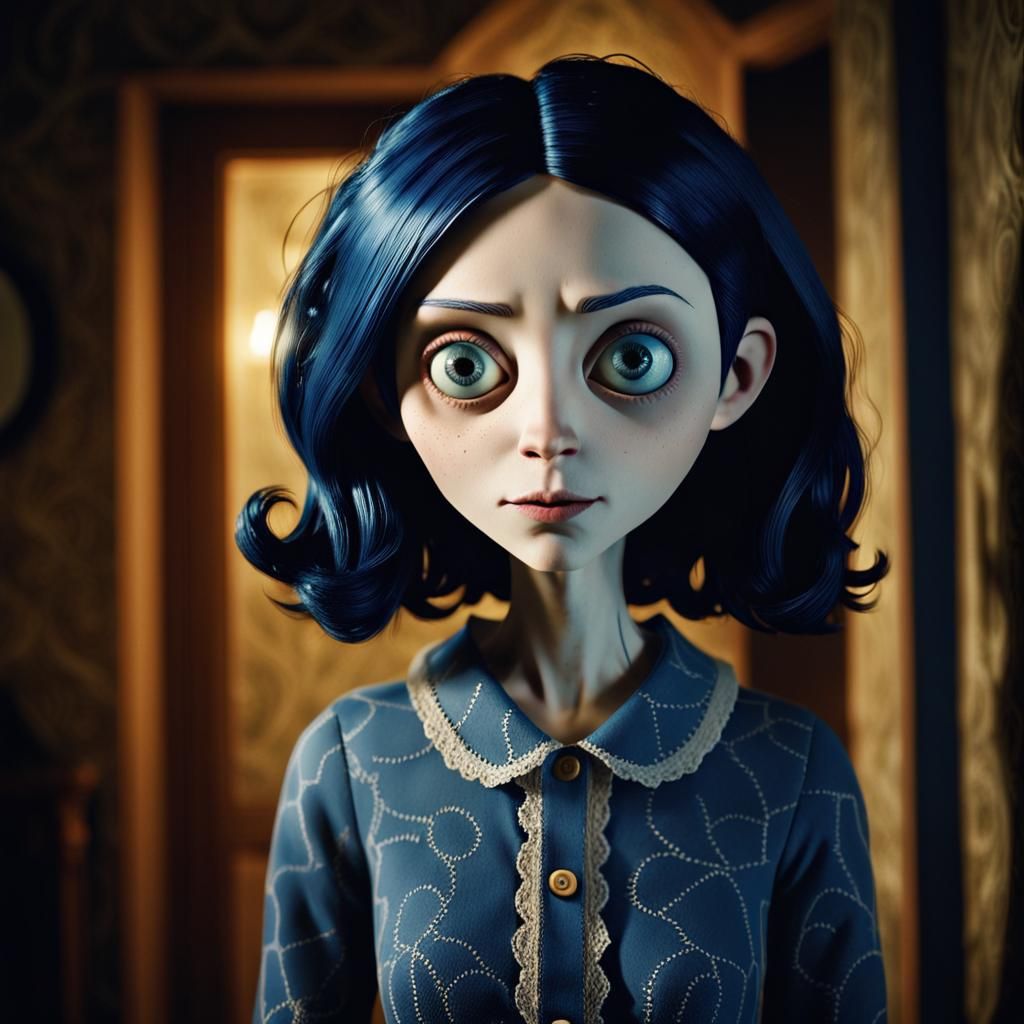 Grown-Up Coraline Portrait in Surreal Style