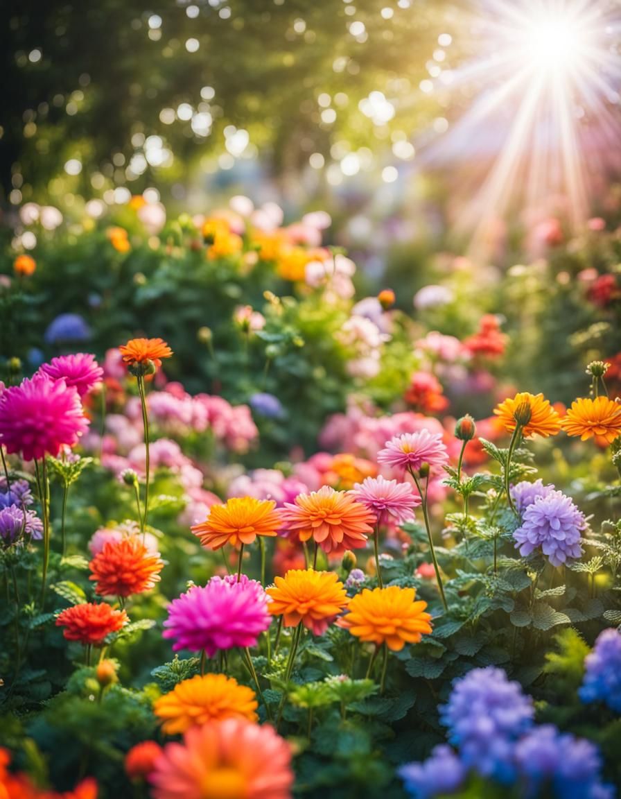 Radiant Garden Blooms Bathed in Soft Sunlight