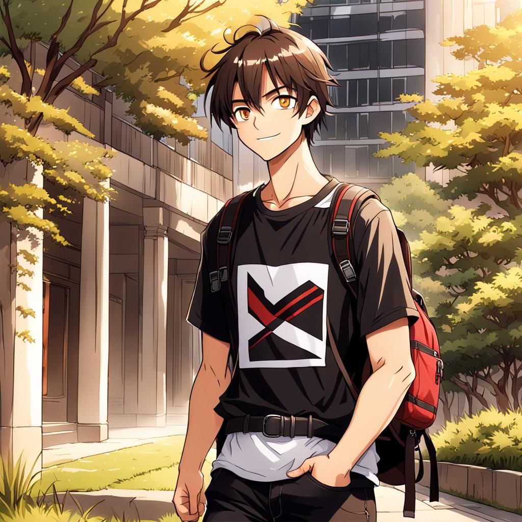 Anime Boy with Backpack Sitting on Grass