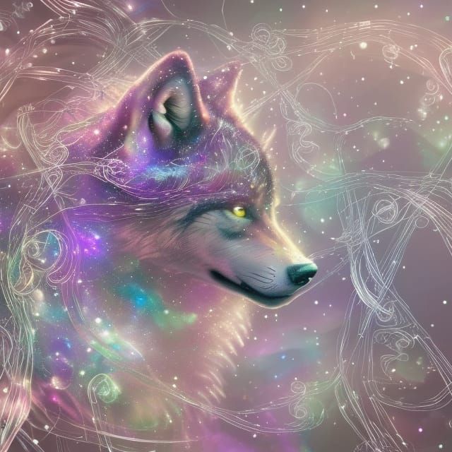 Crystalline Wolf Unraveling in a Dreamy Landscape
