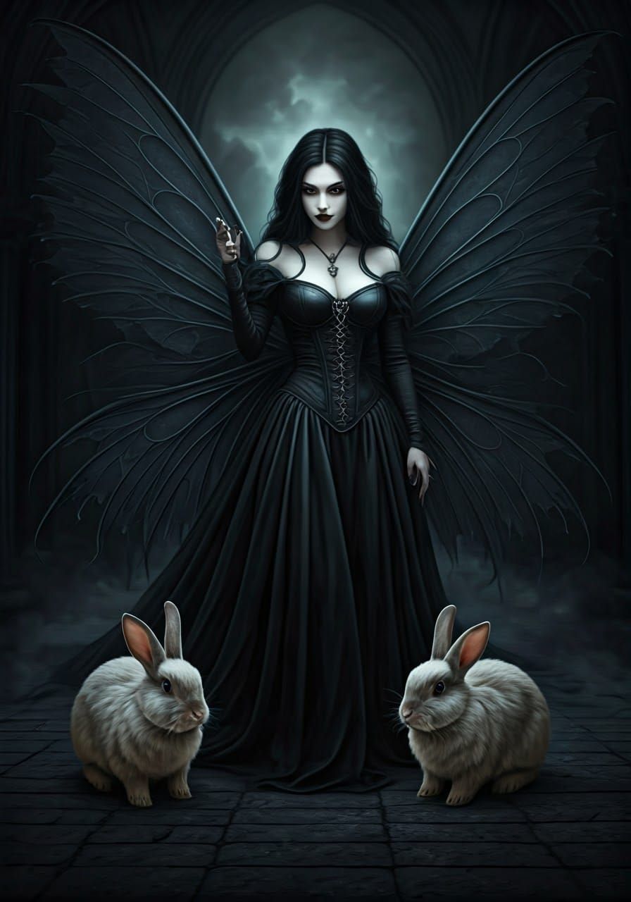 Gothic Dark Fairy with Fluffy Familiars in Enchanted Forest