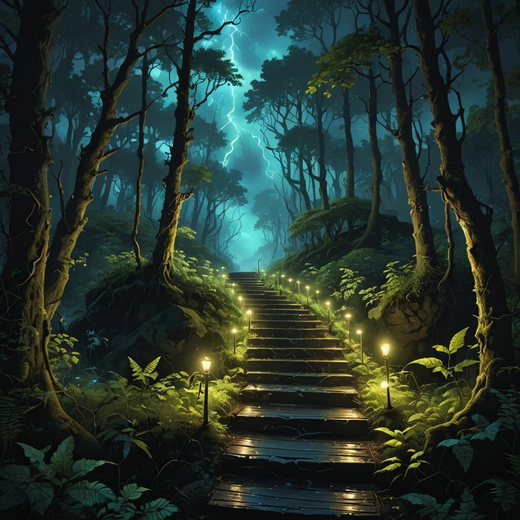 Bioluminescent Stairway in Stormy Renaissance Forest