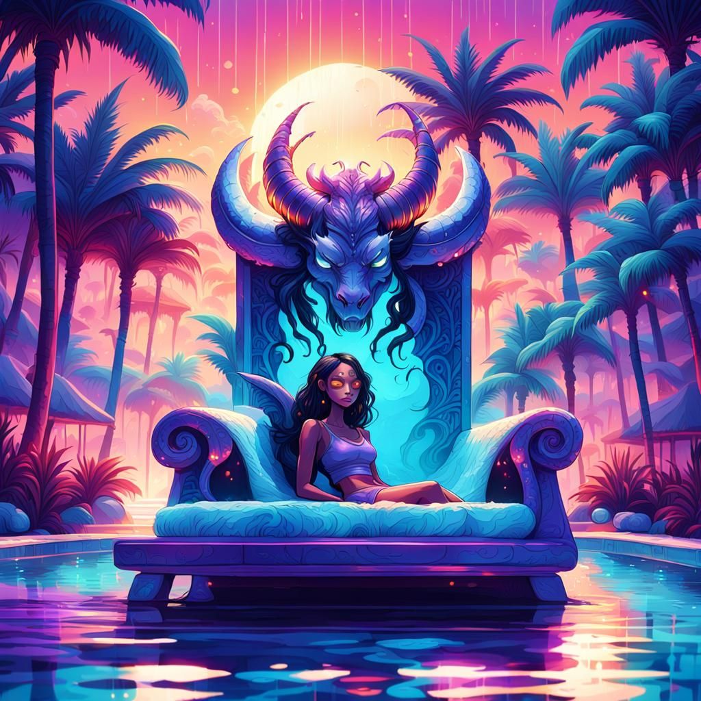Demon Lounging Poolside in Dreamlike Fantasy Art