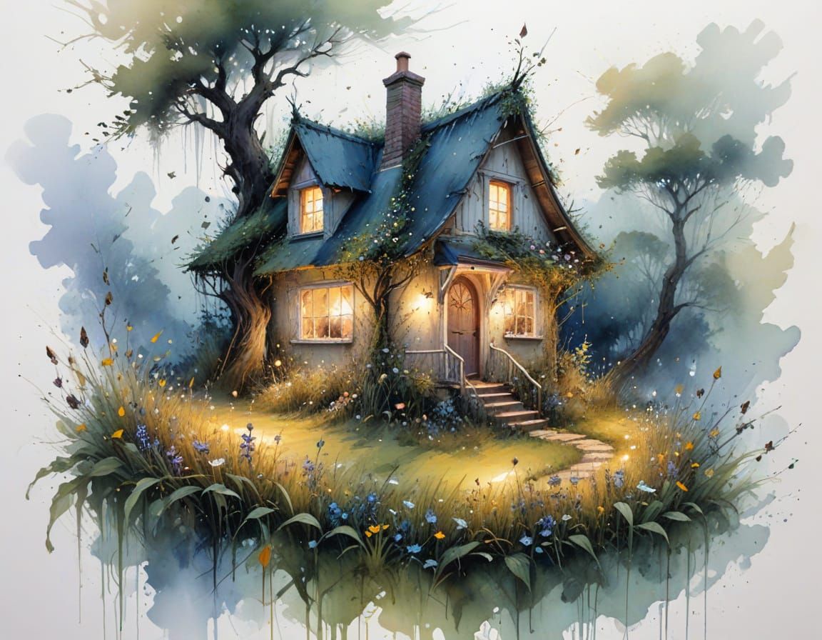 Enchanted Meadow Cottage at Twilight, Watercolour Art