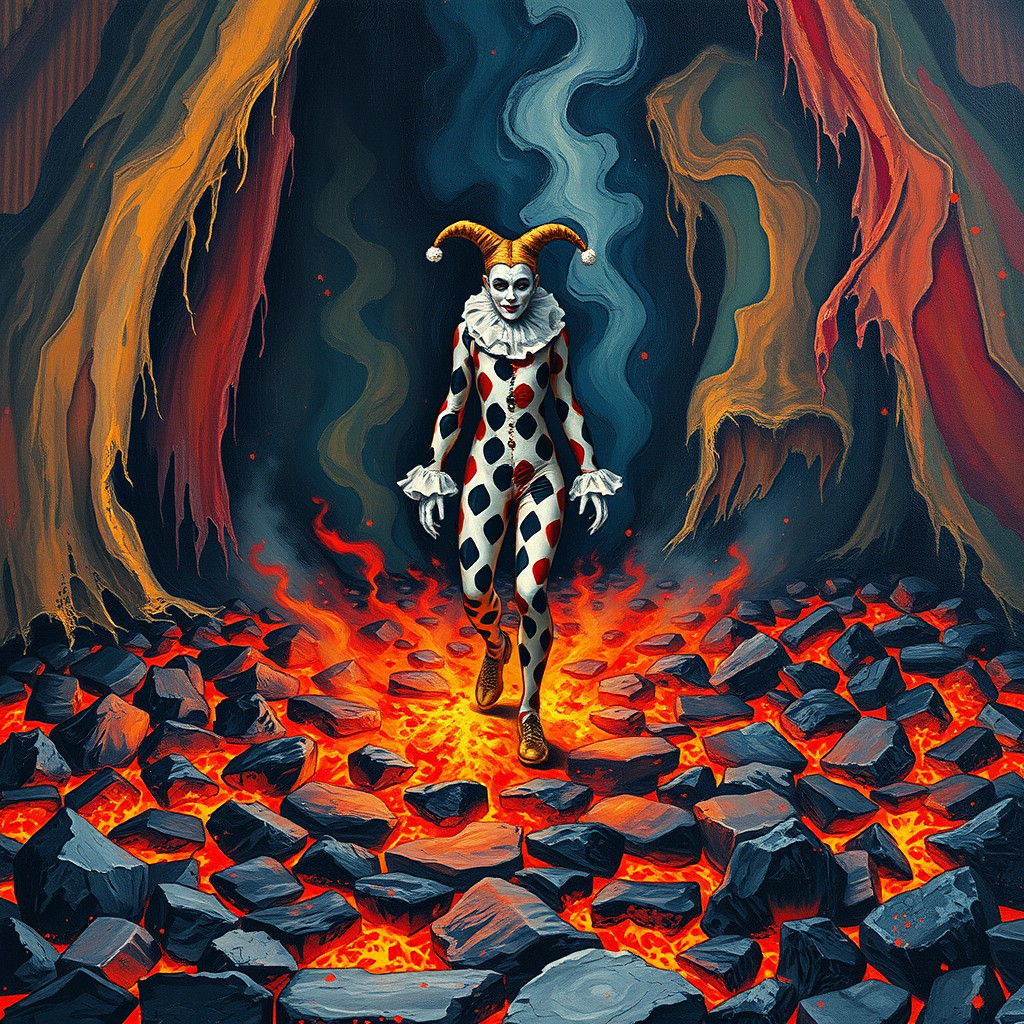 Harlequin's Fiery Path: Gouache Impressionist Masterpiece