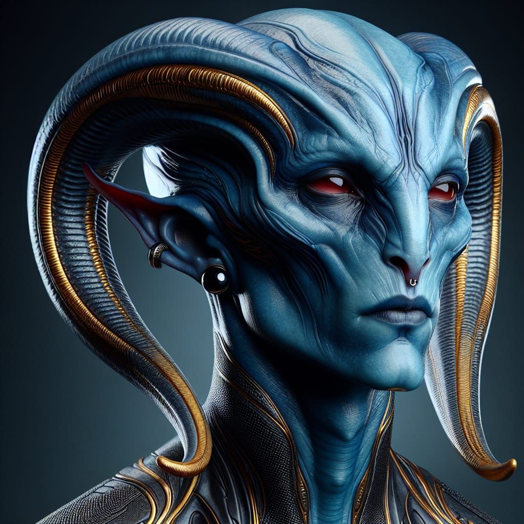 Stern Blue Alien with Golden Horns in Digital Art
