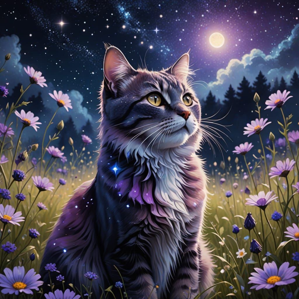 Cat Gazes at Starry Night Sky in Ethereal Digital Painting