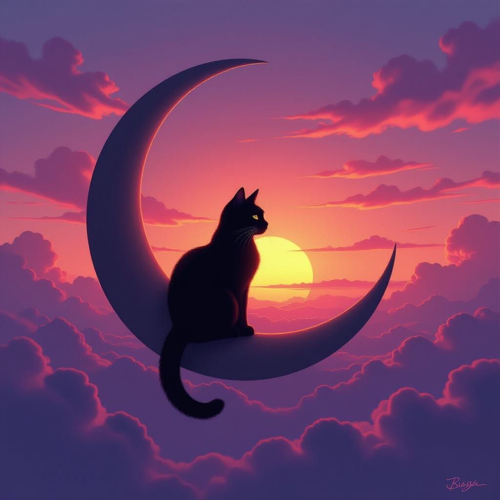 Black Cat on Crescent Moon at Sunset