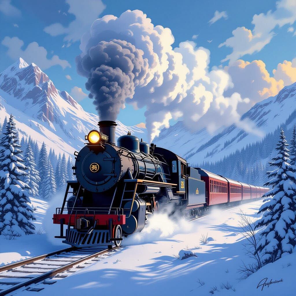 Epic Steam Train in Snowy Mountain Blizzard Comic Art