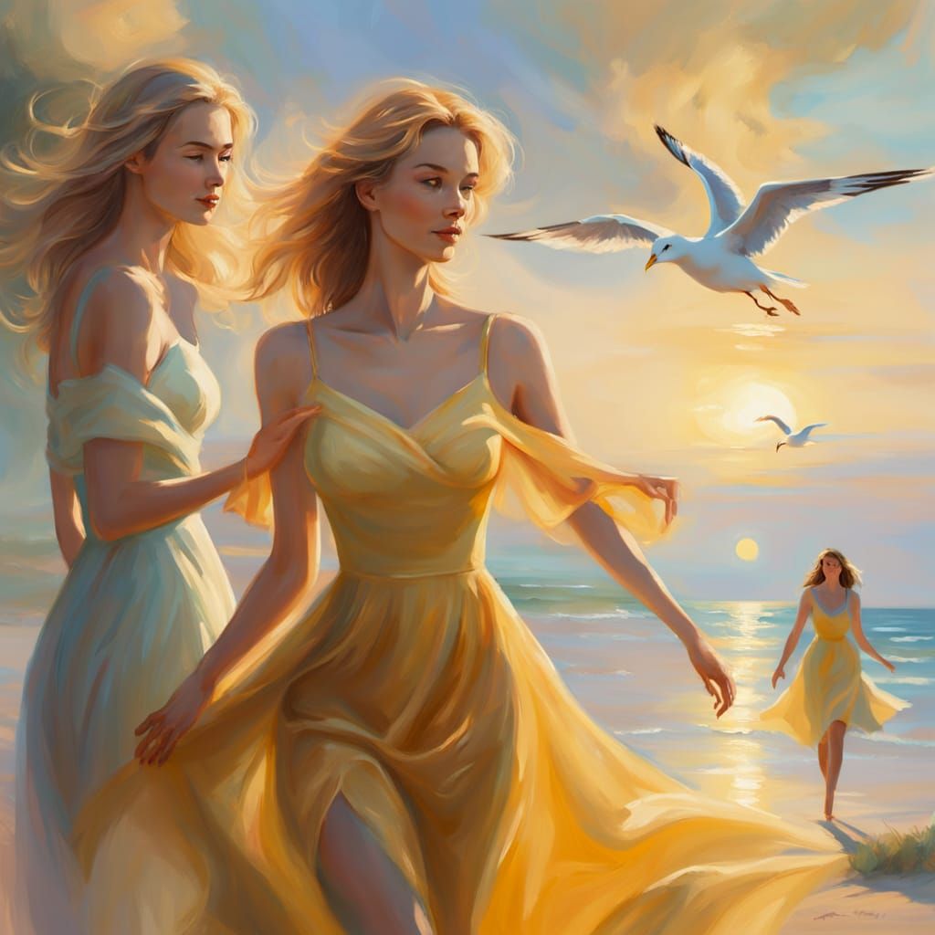 Impressionistic Beach Scene with Women in Sundresses