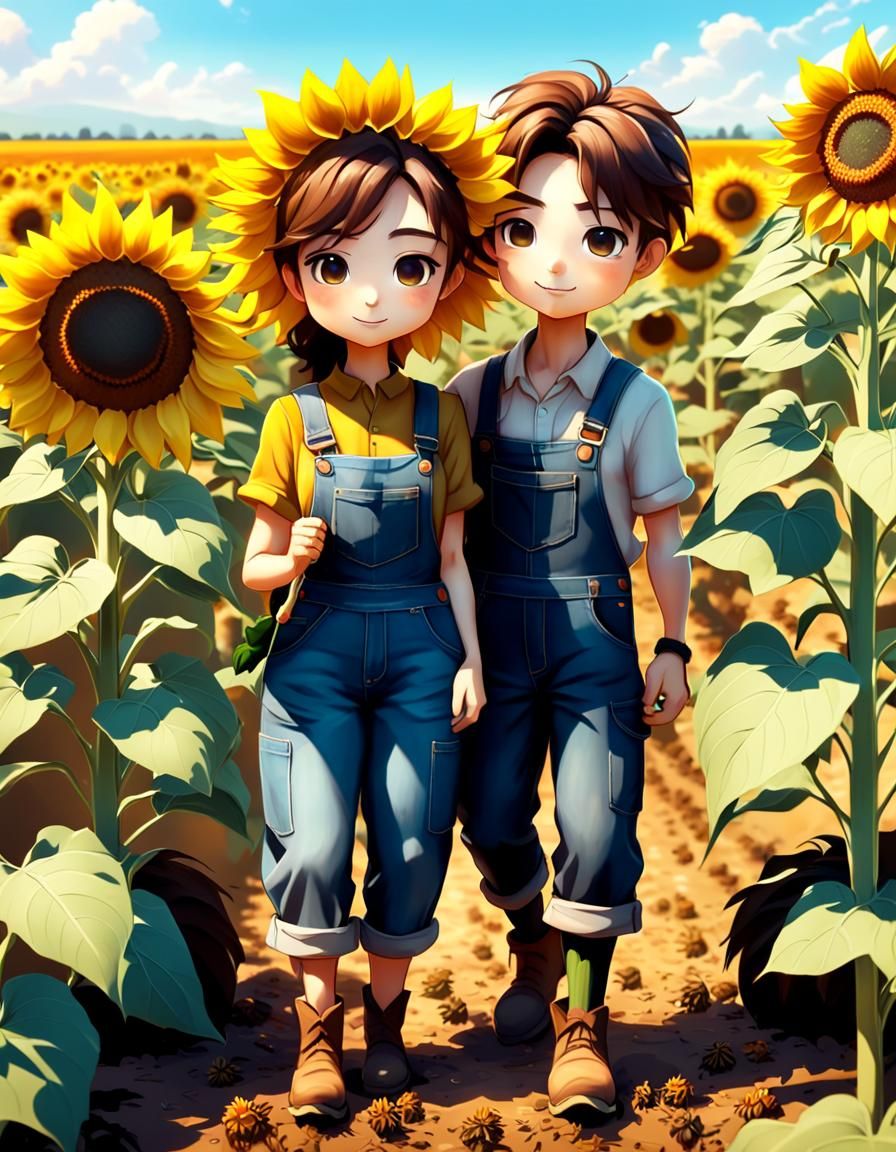 Chibi Farmers Harvesting Sunflowers: Tranquil 8K Art