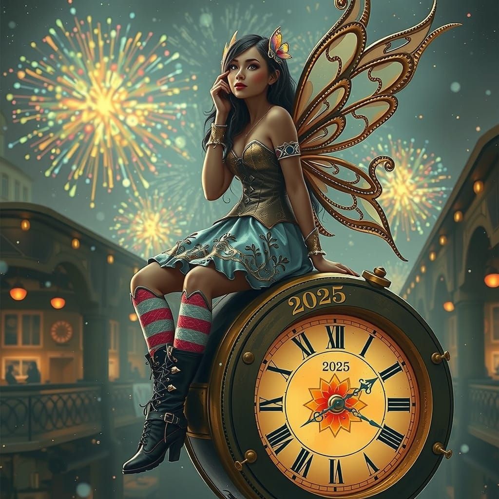 Whimsical New Year's Fairy Sits on Steampunk Clock