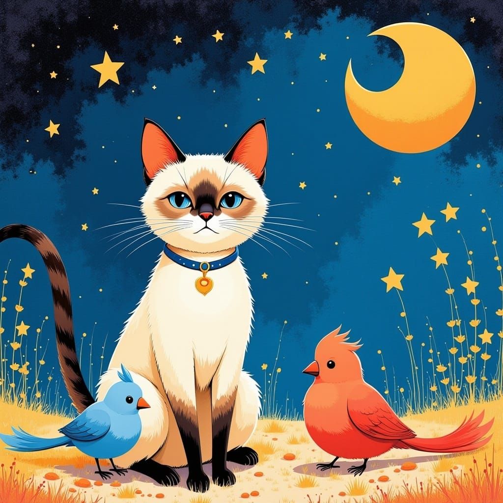 Whimsical Night Scene with Cat Doll in Collage Style