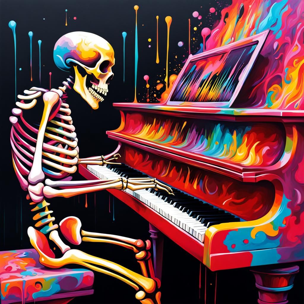 Surreal Skeleton Plays Piano in Graffiti Art
